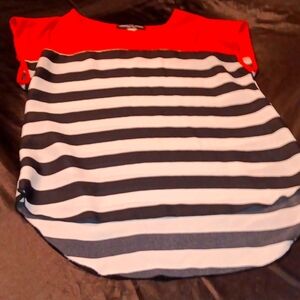 ABSOLUTE ANGEL, coral,black & white striped short sleeve blouse.